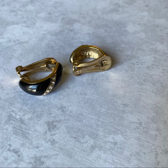 Vintage Black Enamel & Crystal Thin Hoop Clip Ons - Picture 5 of 6